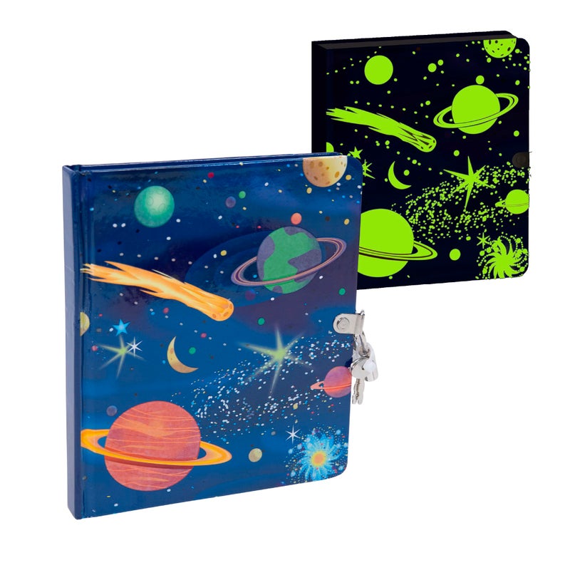 Peaceable Kingdom Deep Space Glow in the Dark 6.25" Lock and Key, Lined Page Diary for Kids - Image 1